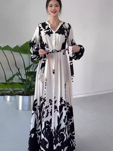 Summer Summer V-Neck Button Black And White Printed Dress